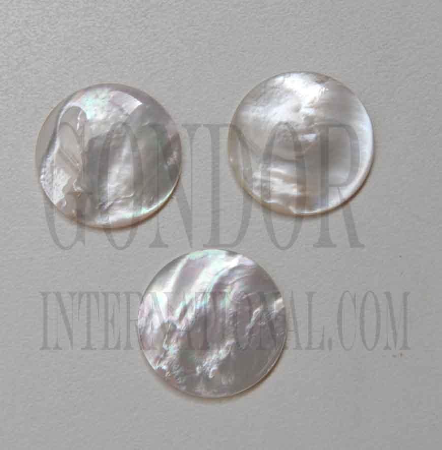 <p>White Mother of Pearl polished finger button inlays 14.5mm (0.57") diameter 2mm (0.079") thickness polished on 1 side round flat pcs Ideal for use in brasswind or woodwind instruments as well as accordions and general inlay or jewellery decorations. All pcs are A grade.&nbsp;</p>