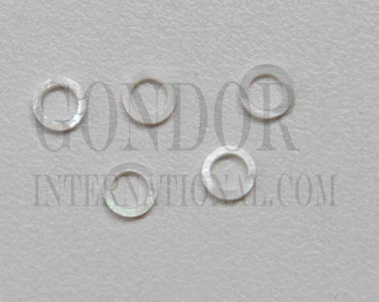 <p>White Mother of Pearl rings size 6mm (0.236") diameter x 1.3mm (0.05") thickness 4.05mm (0.159") hole. Some uses include fretboard markers, musical instrument inlay, furniture inlay and other general decorative inlay and jewellery applications. All pcs are A grade.</p>