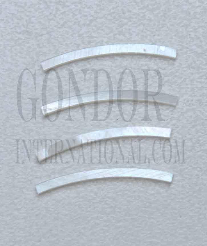 White Mother of Pearl solid shell curved strips 1.2mm (0.047") width x 25mm (1") length x 1.3mm (0.05") thickness x 125mm (4.92") inside diameter. A grade quality good on both sides, flat and uniform in thickness and width. Ideal for use in purfling and rosettes on musical instruments - Ukuleles, guitars, mandolins etc. as well as in furniture, jewellery and other decorative applications.