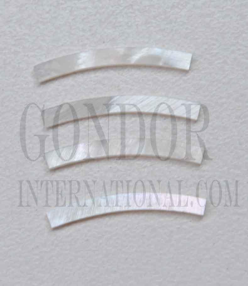 White Mother of Pearl solid shell curved strips 2.5mm (0.1") width x 24mm (0.945") length x 1.3mm (0.05") thickness x 76.2mm (3") inside diameter. A grade quality good on both sides, flat and uniform in thickness and width. Ideal for use in rosettes and purfling on musical instruments - Ukuleles, guitars, mandolins etc. as well as in furniture, jewellery and other decorative applications.