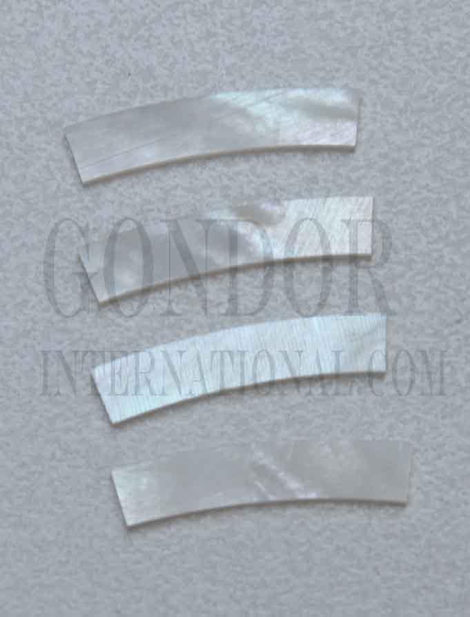 White Mother of Pearl solid shell curved strips 4.76mm (3/16") width x 24mm (0.945") length x 1.3mm (0.05") thickness x 120mm (4.72") inside diameter. A grade quality good on both sides, flat and uniform in thickness and width. Ideal for use in rosettes and purfling on musical instruments - Ukuleles, guitars, mandolins etc. as well as in furniture, jewellery and other decorative applications.