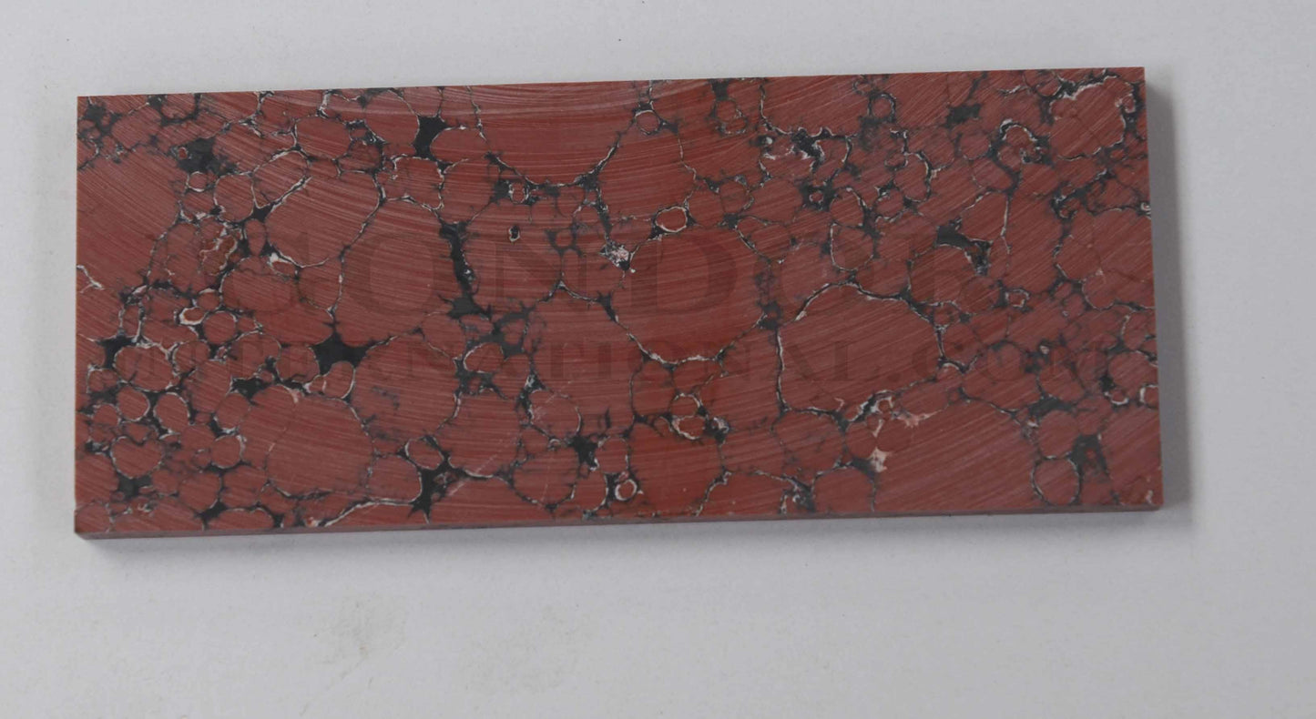 Leopard Jasper reconstituted stone blanks 30 x 70 x 1.5mm suitable for inlay. Can be cut with standard cutting tools - jewellery saw similar in characteristics to mother of pearl (hardness approx. 3. Can be sanded and polished same way as shell material. All pcs are A grade good on both sides.