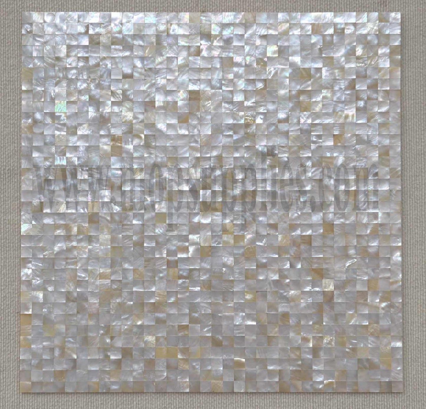 White/gold Mother of Pearl tile on mesh backing size 500 x 500mm individual pcs 15 x 15mm solid shell polished pcs.