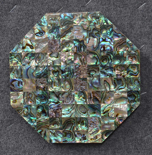 Paua shell octagonal tile on ceramic tile backing size 150 x 150mm individual pcs 15 x 15mm solid shell polished pcs.