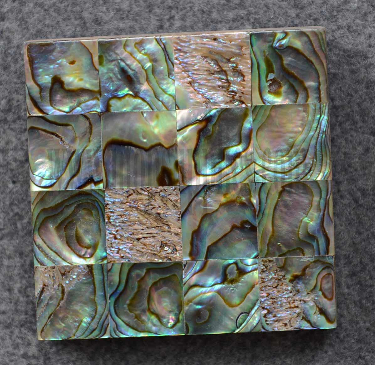 Paua shell tile on ceramic tile backing size 60 x 60mm individual pcs 15 x 15mm solid shell polished pcs.