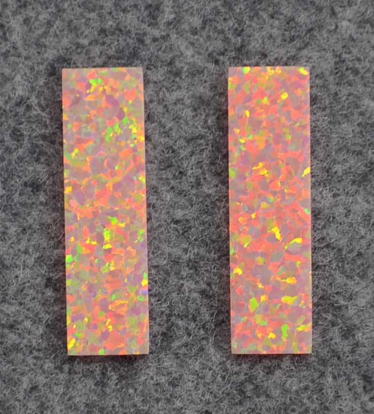 <p>Opal blanks OP24 8.5 x 30 x 1mm (0.335 x 1.18 x 0.04 flat cut pcs polished 1 side made from manufactured opal blocks suitable for inlay jewellery, bow slides. Opal blanks can be cut same way as mother of pearl blanks and are of similar hardness.</p>