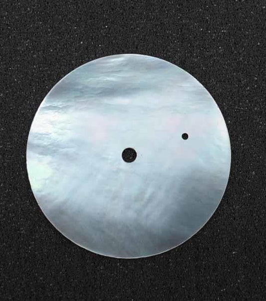 <p>White Mother of Pearl discs 37mm (1.457") diameter x 0.4mm (0.0157") thickness - round flat shell pcs polished 1 side 2 holes cut to precise diameter and thickness. Ideal for watch dials, buttons and jewellery decorations. All discs are A grade good on both sides.</p>