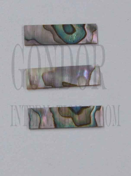 <p>Green abalone (Mexican green abalone) flat inlay blanks size 9.5mm (0.375") width x 32mm (1.26") length x 1mm (0.04") thickness&nbsp; B grade - may have some shell skin or worm damage mainly on 1 side.</p>