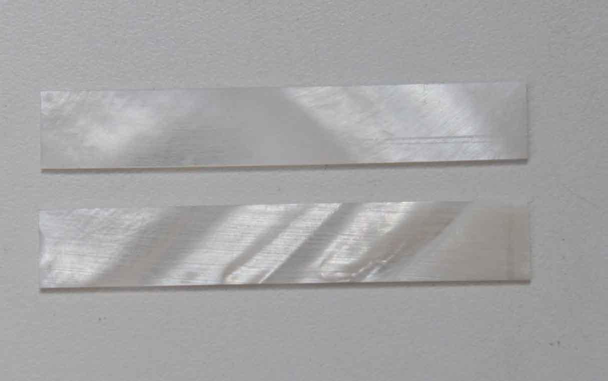 White Mother of Pearl flat inlay blanks size 12mm (0.472") width x 80mm (3.15") length x 1.5mm (0.06") thickness polished 2 sides A grade good on both sides.