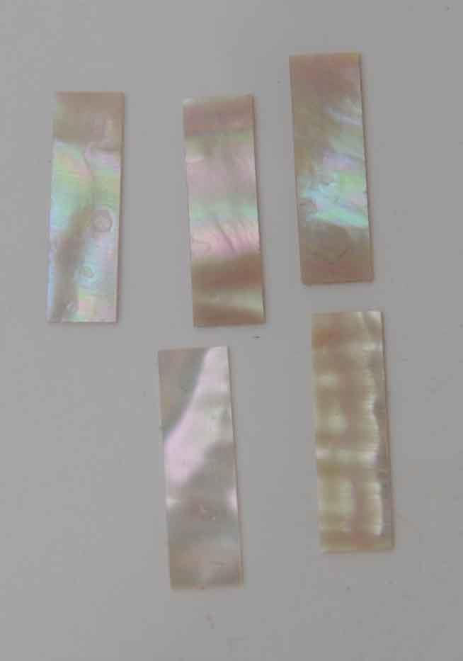 Awabi flat inlay blanks 13 x 37 x 1.5mm used as Awabi (Goldfish) bow slides for violin and viola.