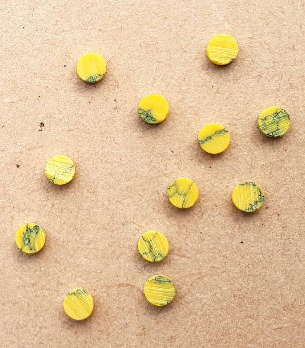 <p>Yellow stone reconsituted stone dots 3.5 x 1.5mm - round flat pcs cut to precise diameter and thickness. Ideal for use in inlay applications - for fretboard markers, and general inlay or jewellery decorations. All dots are A grade good on both sides.</p>