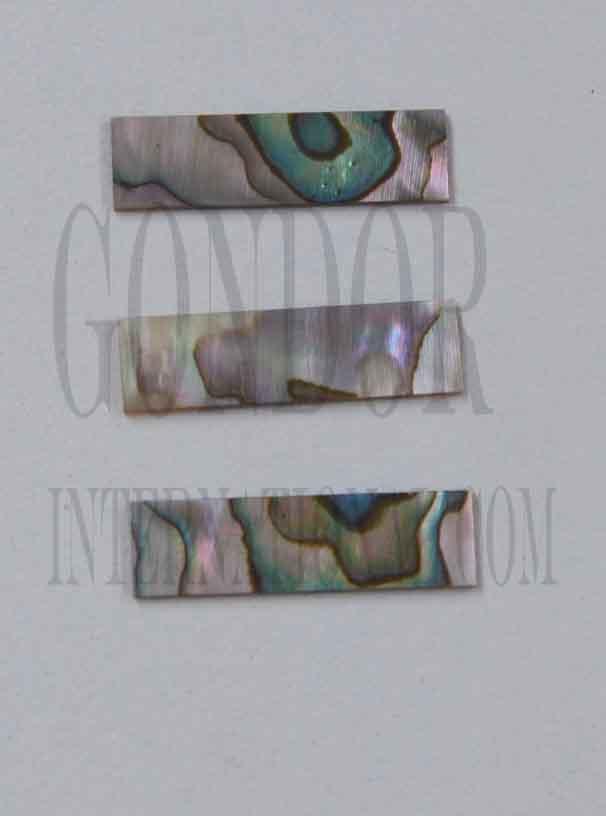 <p>Green abalone (Mexican green abalone) flat inlay blanks size 11.5mm (0.453") width x 36mm (1.42") length x 2mm (0.08") thickness B grade may have some shell skin or worm damage usually on 1 side only.</p>