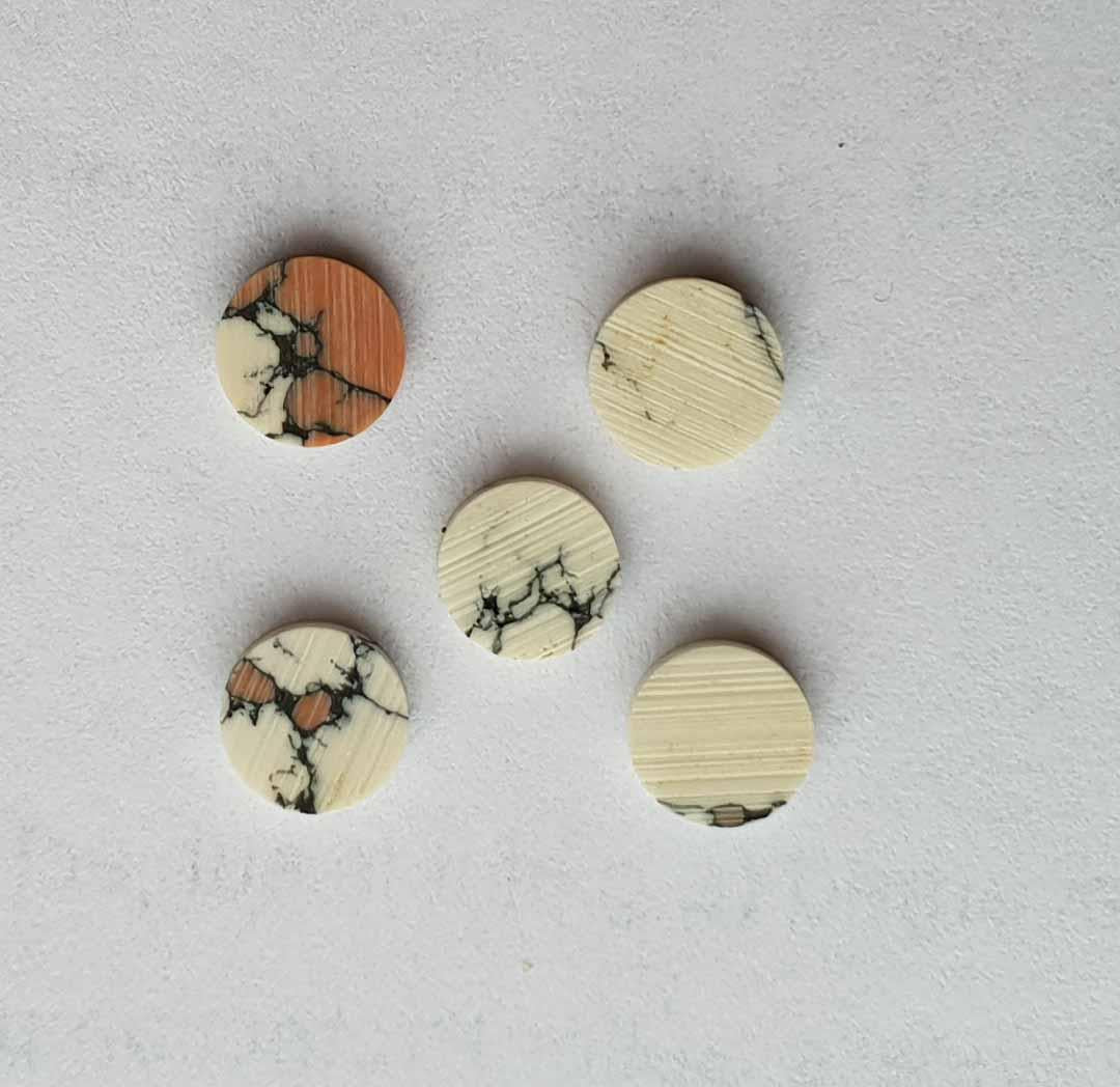 <p>Marble Bohemian discs 6mm diameter x 1.5mm thickness - round flat pcs cut to precise diameter and thickness polished 1 side. Ideal for use in inlay applications - for fretboard markers, and general inlay or jewellery decorations. All dots are A grade good on both sides.</p>