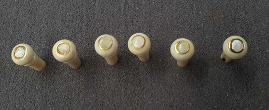 1 set (6pcs) Guitar bridge pins bone brass with White Mother of Pearl dot size 1 Tapered shaft string slot running the full length of shaft. Diameter at top of shaft 5.3mm (0.21") length of shaft 22.9mm (0.9") . Will fit the following models - Martin guitars prior to 1994 (except HD-28), Collings guitars, prior to 2002, Blanchard, Garrison, Goodall, Ryan, Santa Cruz, Taylor, Larrivee D-03R and others.