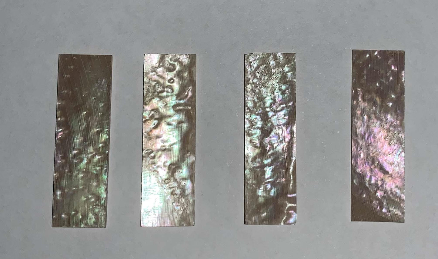 Australian Greenlip abalone flat inlay blanks 9.5mm (0.374") width x 32mm (1.26") x 1mm (0.04") thickness standard grade no holes or worm damage, also used as Australian Greenlip abalone bow slides for violin and viola.