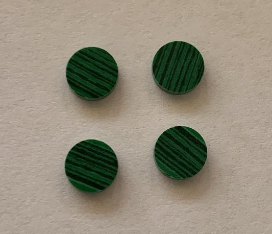 <p>Malachite SMALT3 dots 6mm diameter x 1.5mm thickness - round flat pcs cut to precise diameter and thickness. Ideal for use in inlay applications - for fretboard markers, and general inlay or jewellery decorations. All dots are A grade good on both sides.</p>