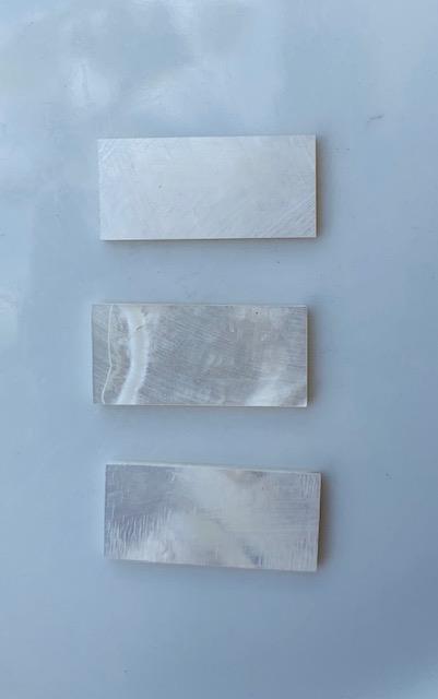 <p>White Mother of Pearl flat inlay blanks size 13.5mm (0.53" width x 29mm (1.14") length x 1.5mm (0.06") thickness A grade good on both sides.</p>