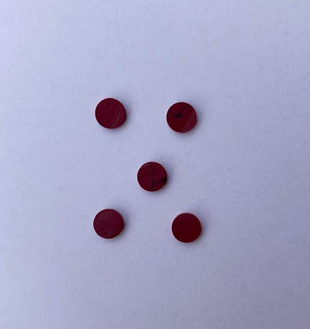 <p>Bloody Jasper SJASPER reconstituted stone dots 10 x 1.3mm suitable for inlay. Can be cut with standard cutting tools - jewellery saw similar in characteristics to mother of pearl (hardness approx. 3. Can be sanded and polished same way as shell material. All pcs are A grade good on both sides.</p>