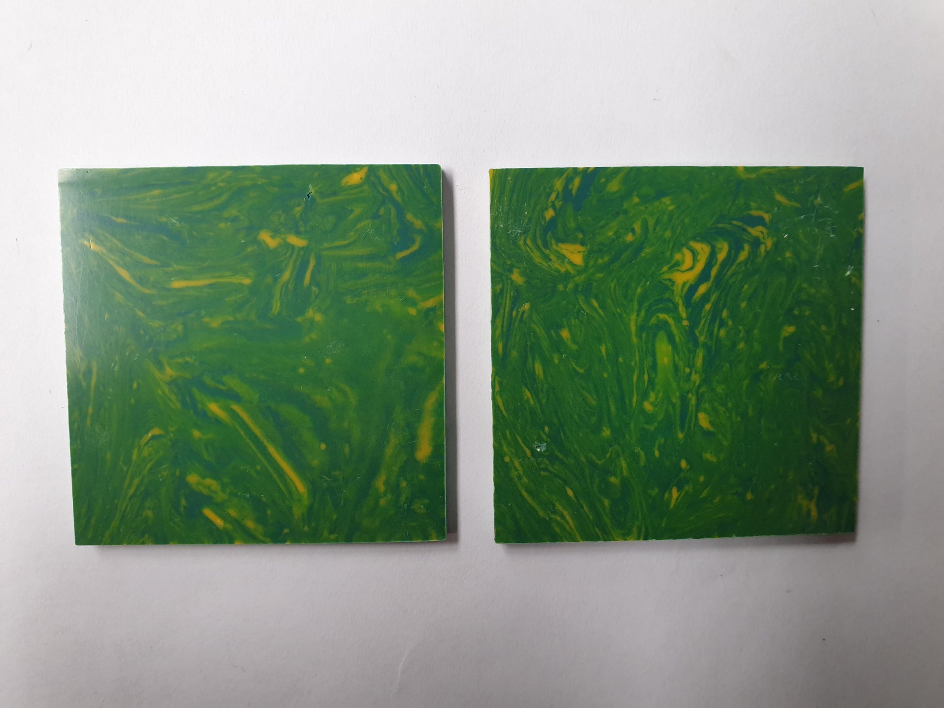 <p>Green Lime reconstituted stone blanks polished 1 side 50 x&nbsp; 50 x 3mm suitable for inlay. Can be cut with standard cutting tools - jewellery saw similar in characteristics to mother of pearl hardness approx. 3. Can be sanded and polished same way as shell material. All pcs are A grade good on both sides.</p>