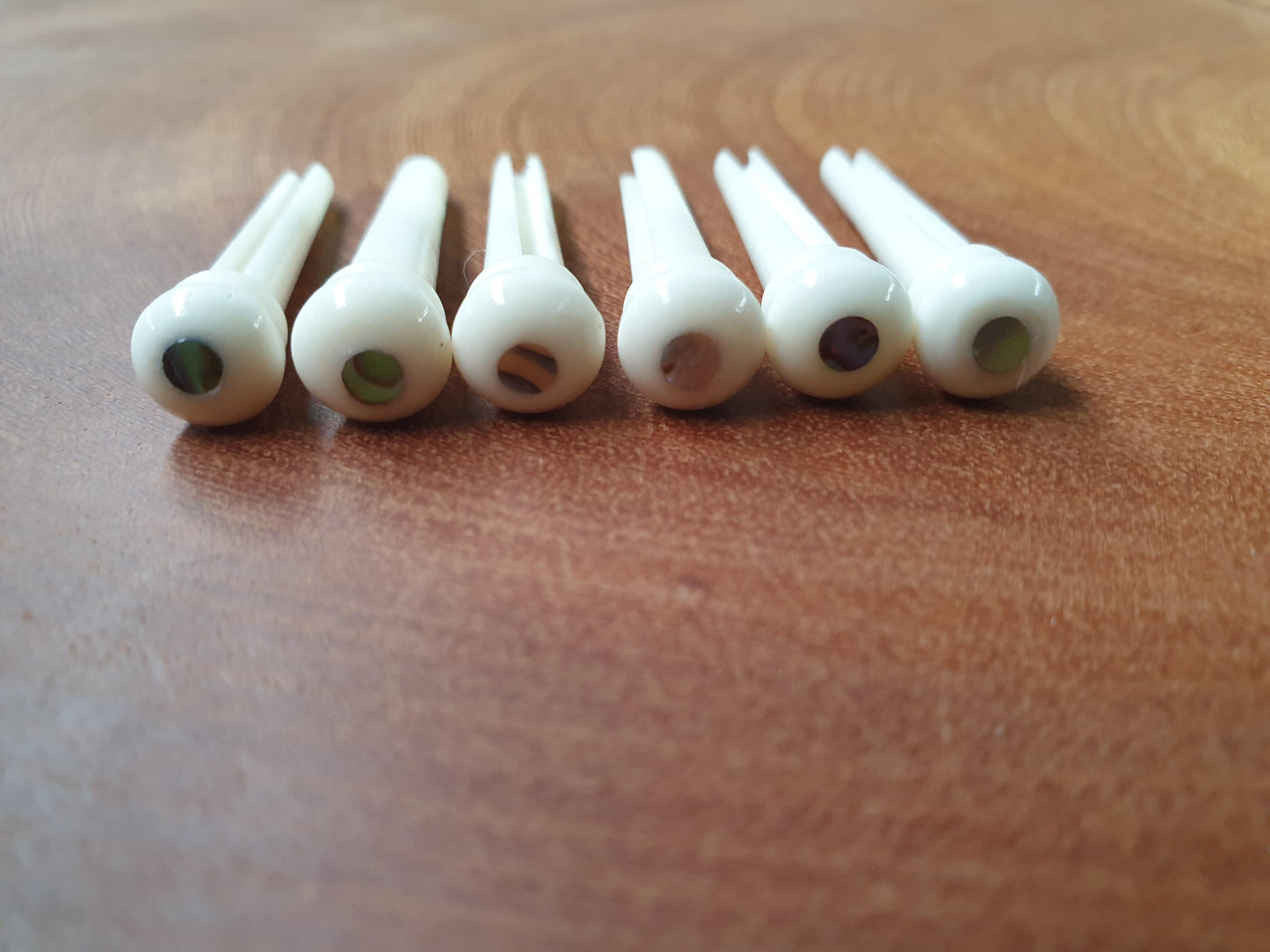 1 set (6pcs) Guitar bridge pins Bone with Paua dot.Tapered shaft string slot running the full length of shaft. Diameter at top of shaft 5.35mm (0.21") length of shaft 25.4mm (1") . Will fit most guitar models.