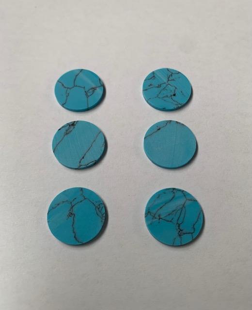 <p>Turquoise STURB1 dots 14mm diameter x 1.3mm thickness - round flat pcs cut to precise diameter and thickness. Ideal for use in inlay applications - for fretboard markers, and general inlay or jewellery decorations. All dots are A grade good on both sides.</p>