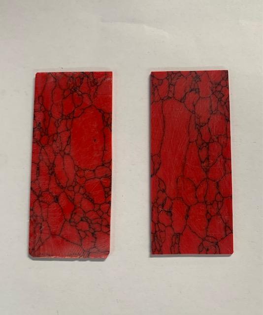 Red Marble H064 artificial stone blanks 30x70x2mm polished 1 side suitable for inlay. Can be cut with standard cutting tools - jewellery saw similar in characteristics to mother of pearl (hardness approx. 3. Can be sanded and polished same way as shell material.