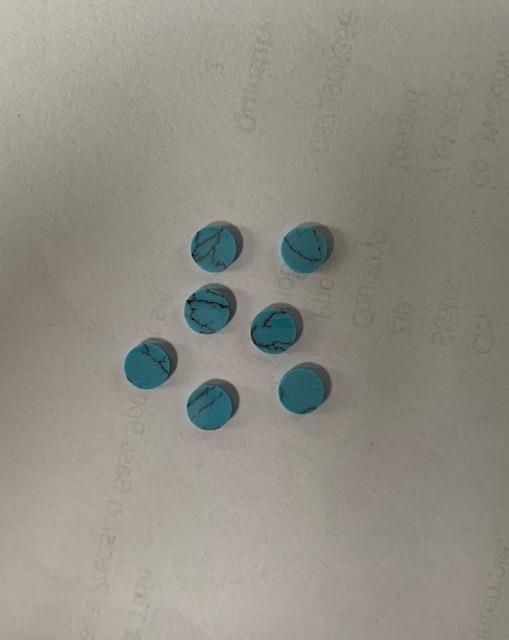 Turquoise STURB1 dots 5mm diameter x 1.5mm thickness - round flat pcs cut to precise diameter and thickness. Ideal for use in inlay applications - for fretboard markers, and general inlay or jewellery decorations. All dots are A grade good on both sides.