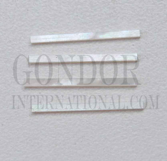 White Mother of Pearl solid shell straight strips 1.5mm (0.06") width x 25mm (1") length x 1.5mm (0.06") thickness. A grade quality good on both sides, flat and uniform in thickness and width. Ideal for use in purfling on musical instruments - Ukuleles, guitars, mandolins etc. as well as in furniture, jewellery ans other decorative applications.