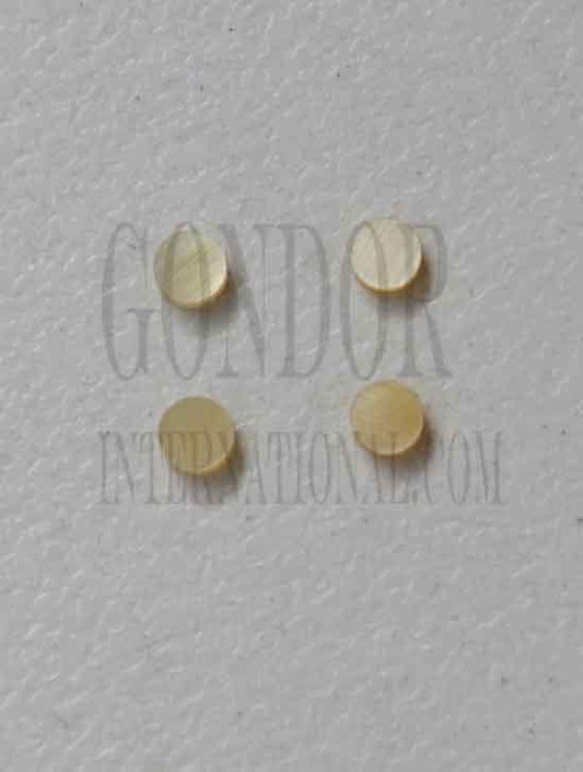 Gold MOP dots 2.5mm diameter 1.5mm thickness are round flat shell pcs cut to precise diameter and thickness. Ideal for use in inlay applications - for fretboard markers and general inlay or jewellery decorations. All pcs are A grade.<br />&nbsp;