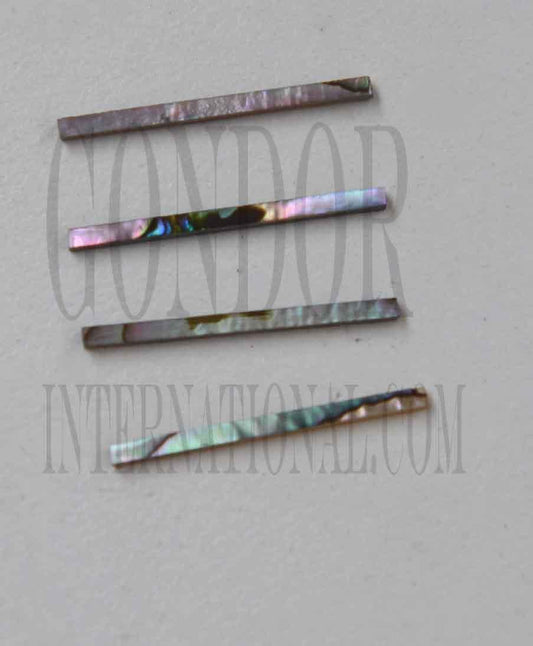 Green abalone solid shell straight strips 2mm (0.08") width x 25mm (1") length x 1.3mm (0.05") thickness. A grade quality good on both sides, flat and uniform in thickness and width. Ideal for use in purfling on musical instruments - Ukuleles, guitars, mandolins etc. as well as in furniture, jewellery ans other decorative applications.