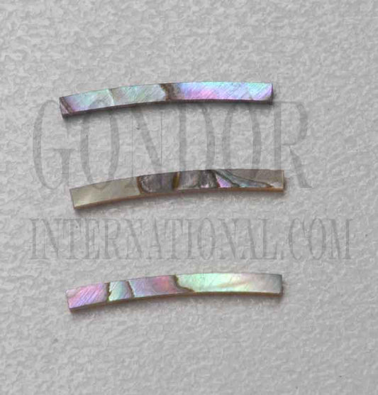 Pink abalone solid shell curved strips 1.5mm (0.06") width x 24mm (0.94") length x 1.5mm (0.06") thickness x 115mm (4.528") inside diameter. A grade quality good on both sides, flat and uniform in thickness and width. Ideal for use in purfling and rosettes on musical instruments - Ukuleles, guitars, mandolins etc. as well as in furniture, jewellery and other decorative applications.
