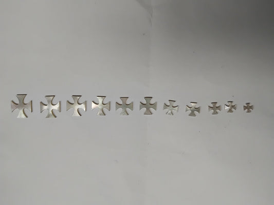 White Mother of Pearl Maltese cross inlay set. Some uses include fretboard markers, musical instrument inlay, furniture inlay and other general decorative inlay and jewellery applications. All pcs are A grade.